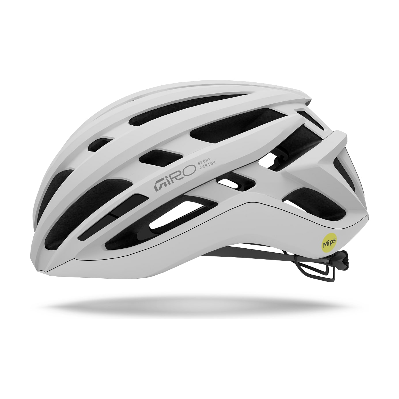 Side view of the matte white Giro Agilis MIPS road helmet with the yellow Mips badge