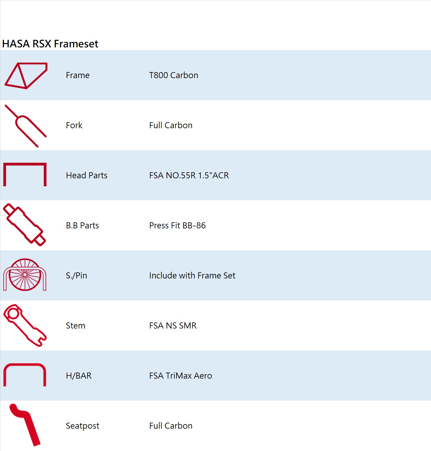 HASA RSX Frameset specification chart listing frame, fork, headset, bottom bracket, seat clamp, stem, handlebar and seatpost