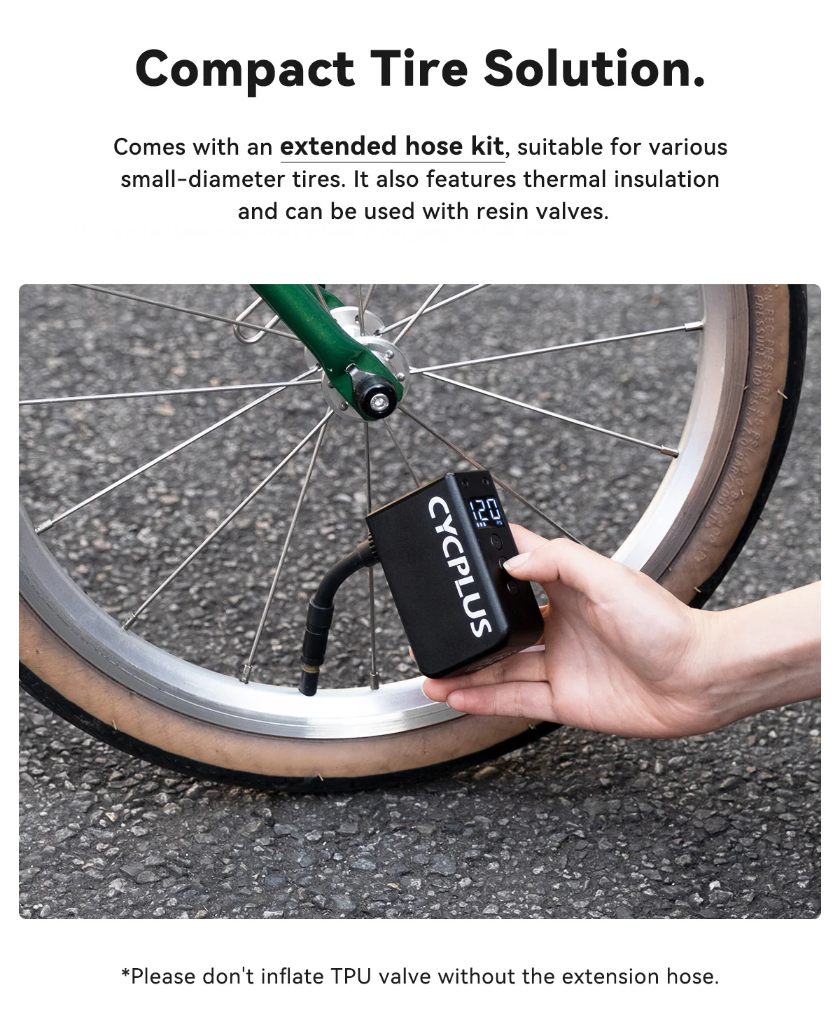 Cycplus electric pump with extension hose inflating a small folding bike tyre, note that TPU valves must be inflated with the extension hose