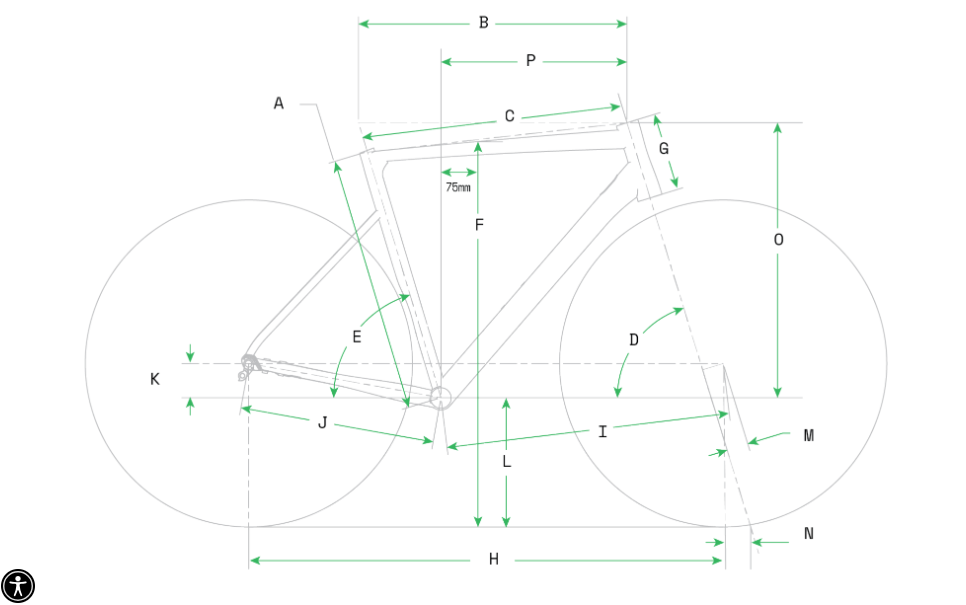 Cannondale CAAD13 幾何量度示意圖,標示 A 至 P 各項尺寸