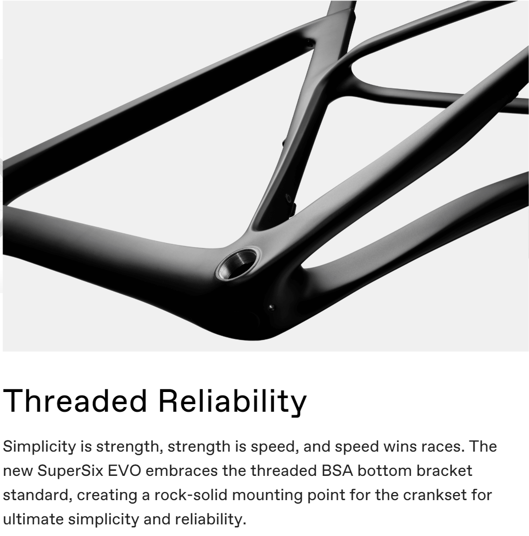 Cannondale SuperSix EVO bottom bracket area showing the threaded BSA bottom bracket standard