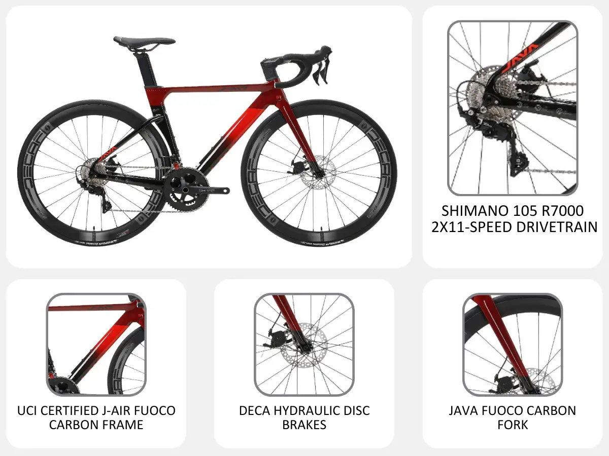 Java J.Air Fuoco in red and black with key parts: Shimano 105 R7000 2x11 drivetrain, UCI-certified J-Air Fuoco carbon frame, Deca hydraulic disc brakes, Java Fuoco carbon fork