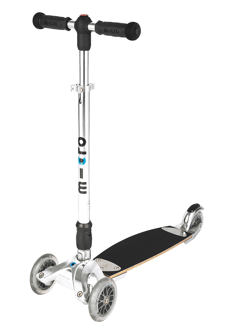 Silver Micro Kickboard Original three-wheel scooter with T-bar handlebar and wood-edged deck