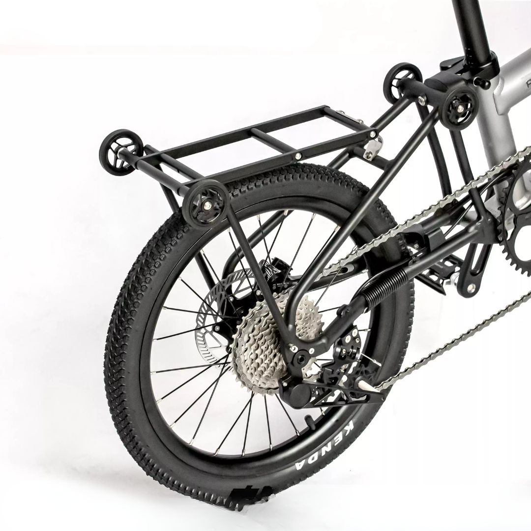 Aceoffix D10 black rear rack and easy wheels mounted above the rear wheel of an 18-inch folding bike