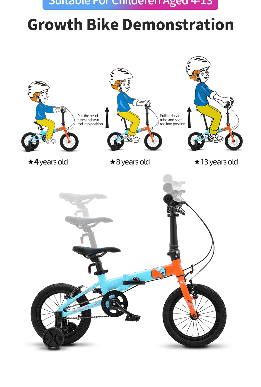 Sooibe 007 Pro growth demonstration: children aged 4, 8 and 13 riding the same bike with head tube and seat post raised
