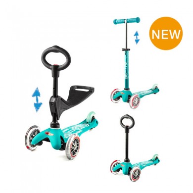 Mini Micro 3in1 Deluxe in three set-ups: ride-on with height-adjustable seat, scooter with height-adjustable T-bar, and stand-up mode with O-bar