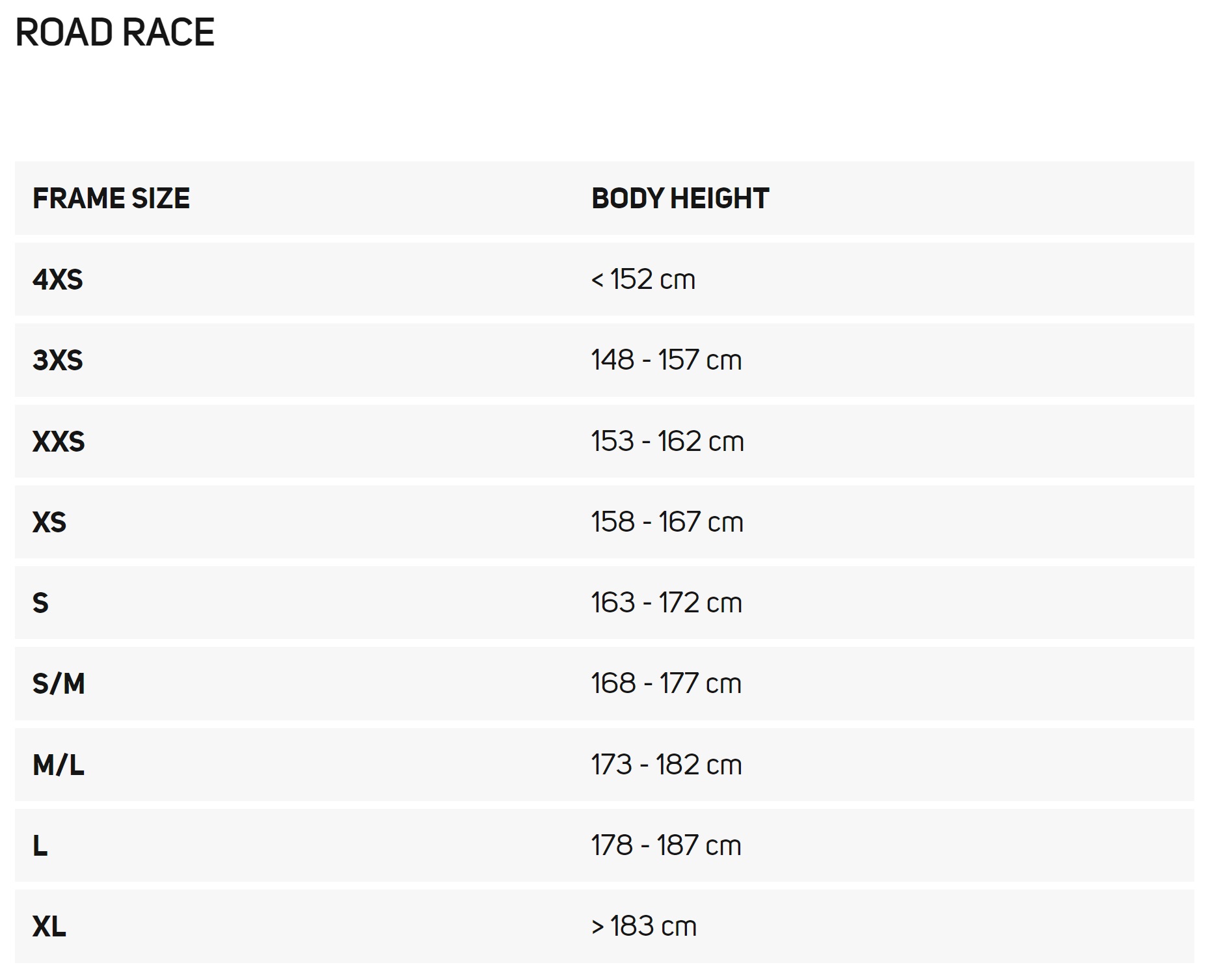 Merida Road Race size chart: frame sizes 4XS to XL with recommended rider height
