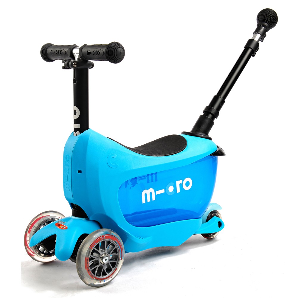 Blue Micro Mini2go Deluxe Plus with storage drawer and parent push bar