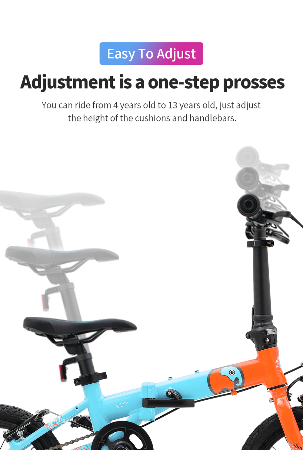 Sooibe 007 Pro promotional image: one-step saddle and handlebar height adjustment for ages 4 to 13