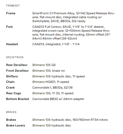 Cannondale CAAD13 Disc 105 官方規格表:車架、前叉、車頭碗、傳動及煞車