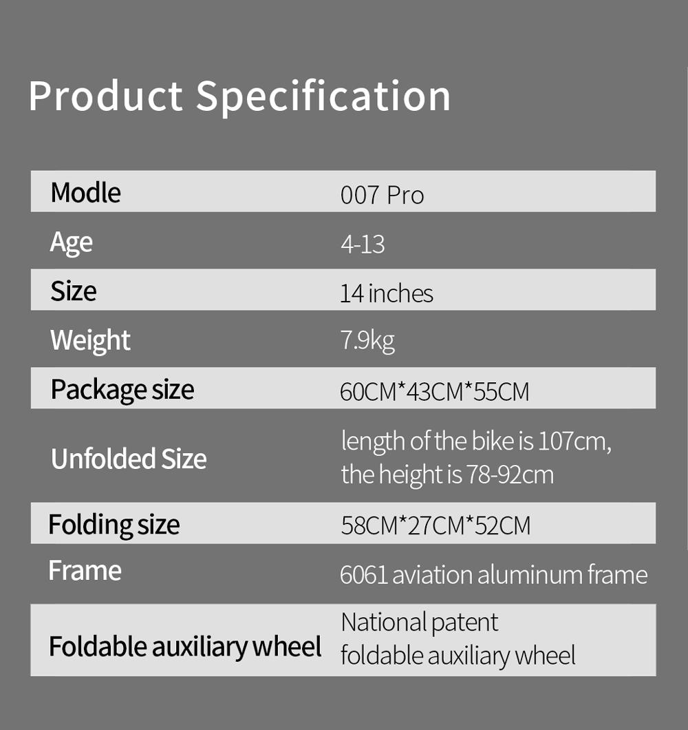 Sooibe 007 Pro spec chart: ages 4-13, 14 inches, 7.9 kg, package 60 x 43 x 55 cm, length 107 cm, height 78-92 cm, folded 58 x 27 x 52 cm, 6061 aviation aluminium frame, patented folding training wheels