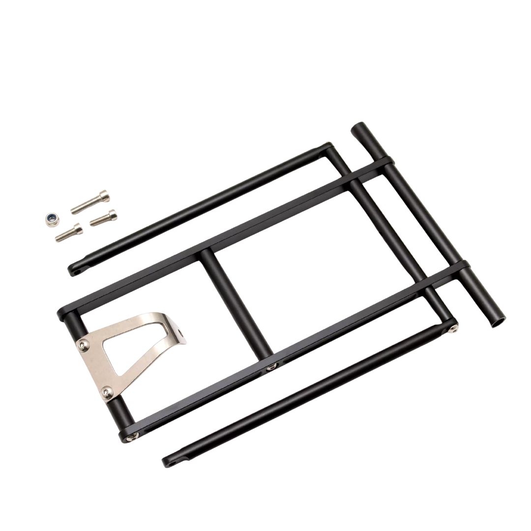 Aceoffix D10 rack parts laid out: black frame, side stays, stainless steel bracket and bolts