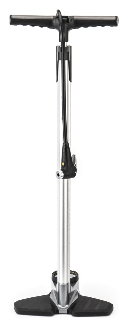 Topeak JoeBlow Ace floor pump, silver twin barrels, black handle and base-mounted gauge
