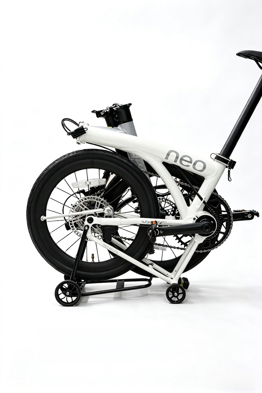 Folded Java Neo standing on its easy wheels with the extension bar fitted
