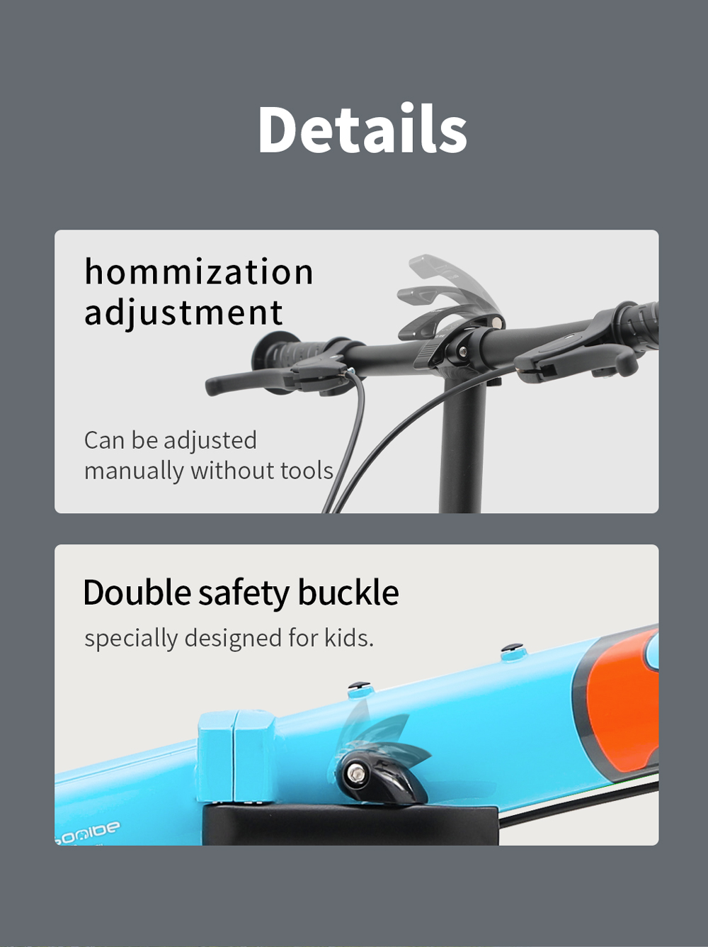 Sooibe 007 Pro details: tool-free handlebar height adjustment and double safety buckle on the folding clamp