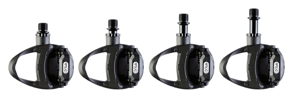 SQ Lab 512 road bike pedals in four axle lengths S, M, L and XL side by side