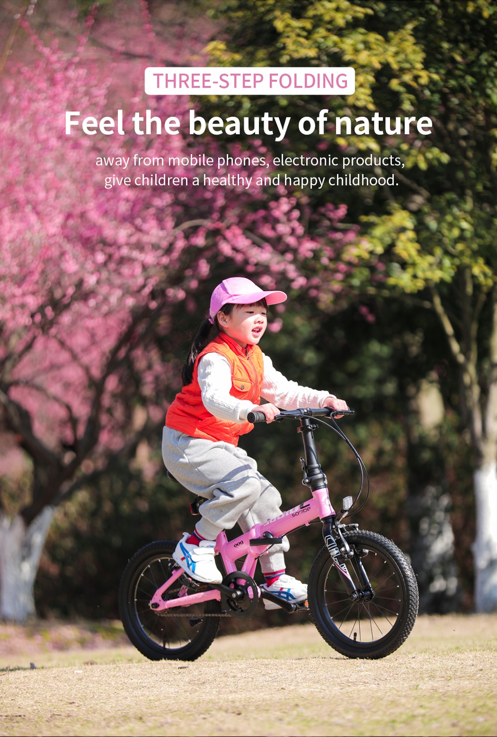 Sooibe 009 kids' folding bike promo: three-step folding, child riding outdoors
