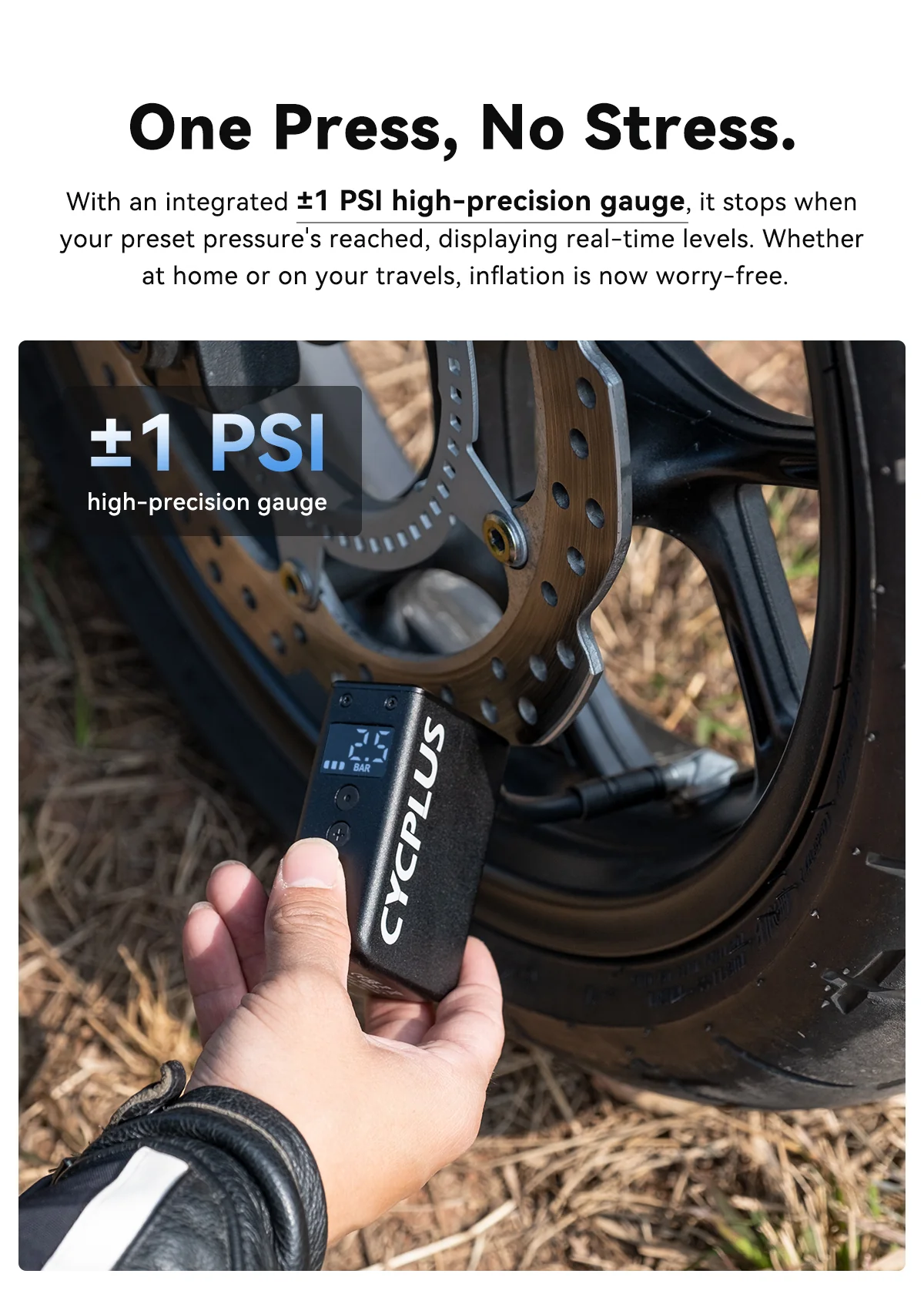 Cycplus electric pump promotional image: ±1 PSI high-precision gauge, stops at preset pressure, screen shows real-time pressure