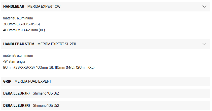 Merida Reacto 5000 Gen 5 105 Di2 specification table: handlebar, stem, grip and front/rear derailleur
