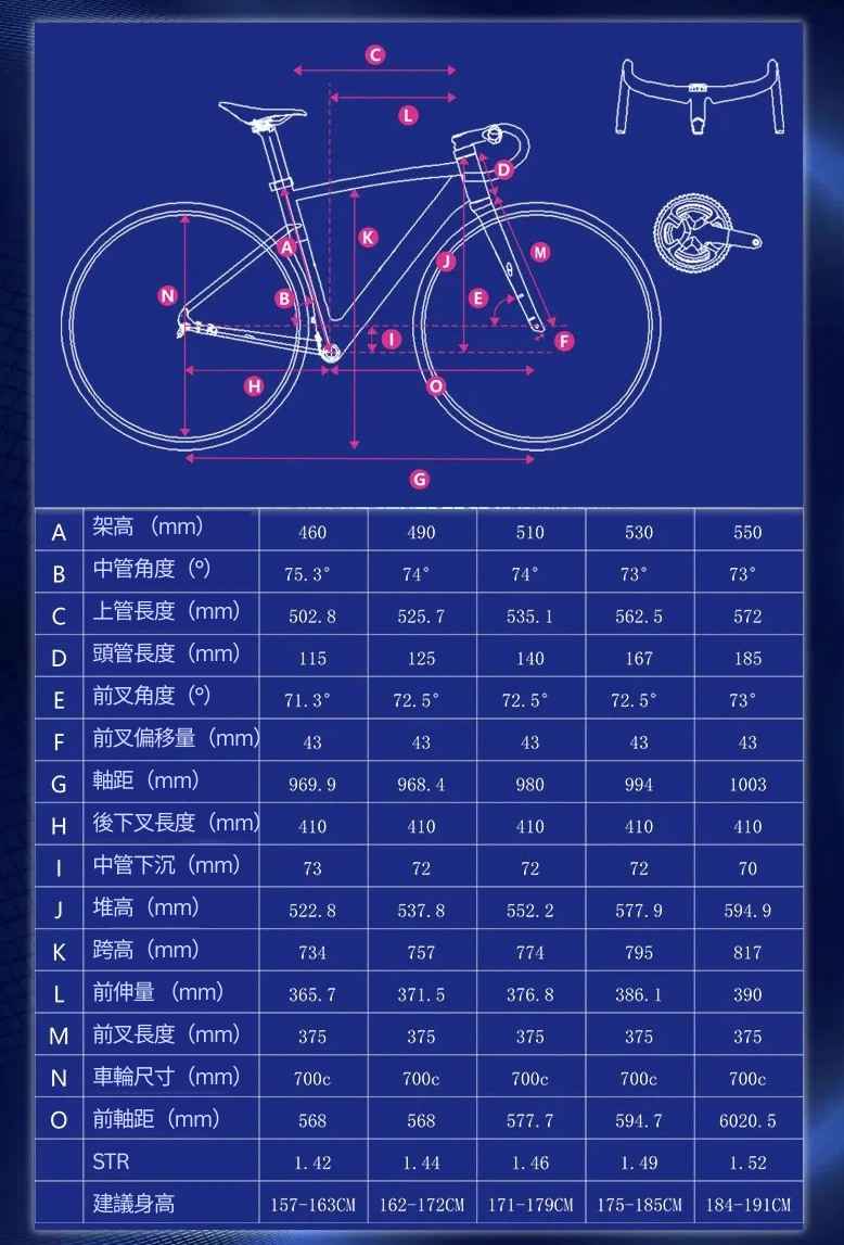 CAMP SR5 Sport geometry chart with recommended rider heights, sizes 460 to 550 mm