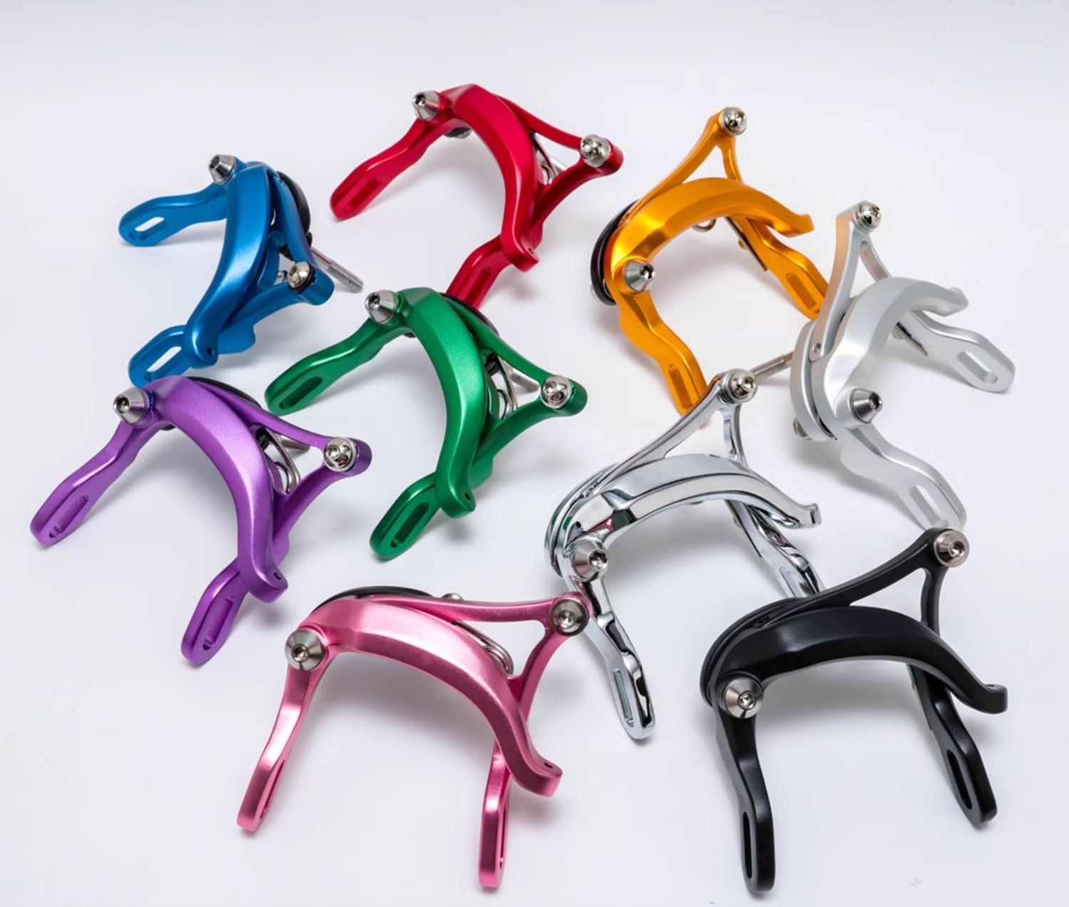 Aceoffix caliper brakes in blue, red, gold, green, silver, purple, pink, black and chrome
