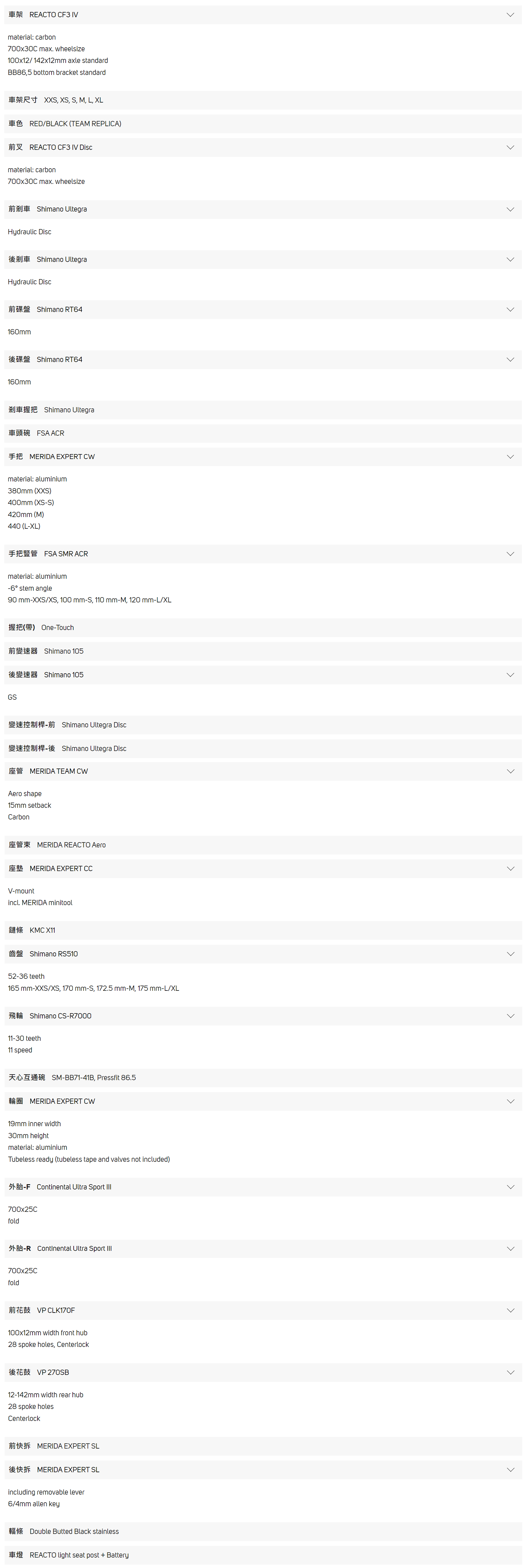 Merida Reacto 5000 CF3 IV 中文規格表:車架、前叉、煞車、變速及輪組配置
