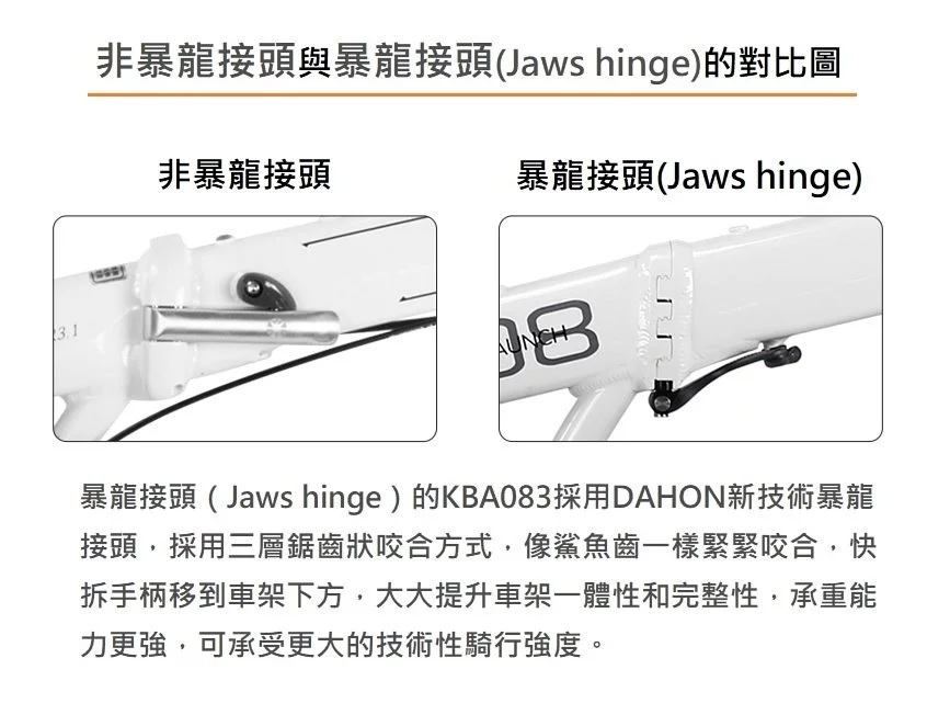 Dahon Launch D8 KBA083 standard hinge versus Jaws hinge comparison